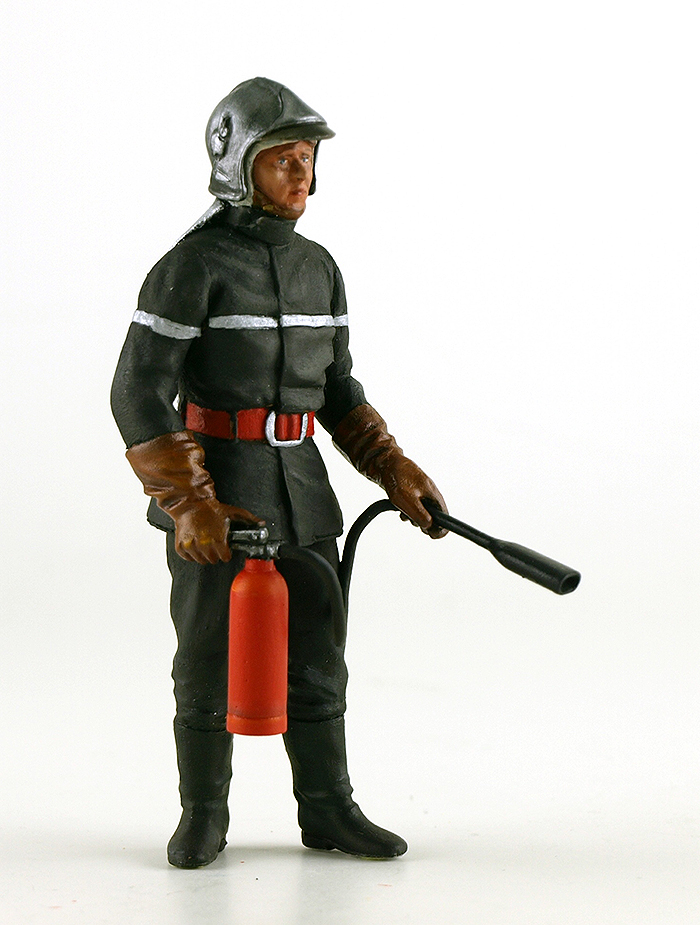 1970's Track Fireman, full suit w'gloves, open face helmet holding fire extingusher