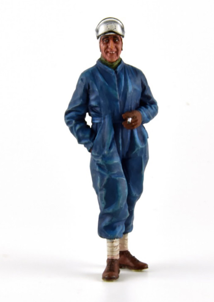 1933 Tazio Nuvolari, LeMans, blue racing suit/helmet w/clear visor up/holding a cigarette