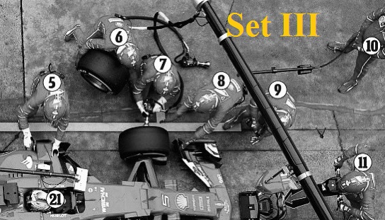 Set 3 in red F1 Pit Crew Figurines, right front end tire crew including a crew manager
